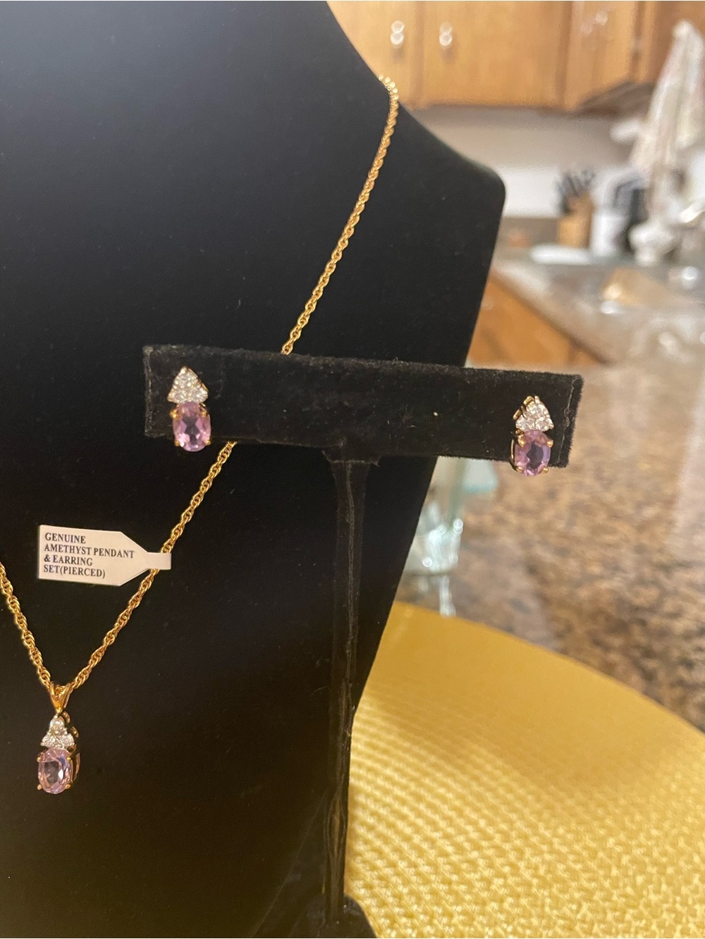 Genuine Amethyst Pendant & Earring Set (Pierced) Gold-Tone
